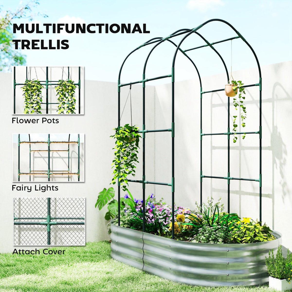 Galvanised Raised Garden Bed with Arched Trellis, 5 x 3 x 6ft Metal Outdoor Planter Box with Open Bottom, Silver
