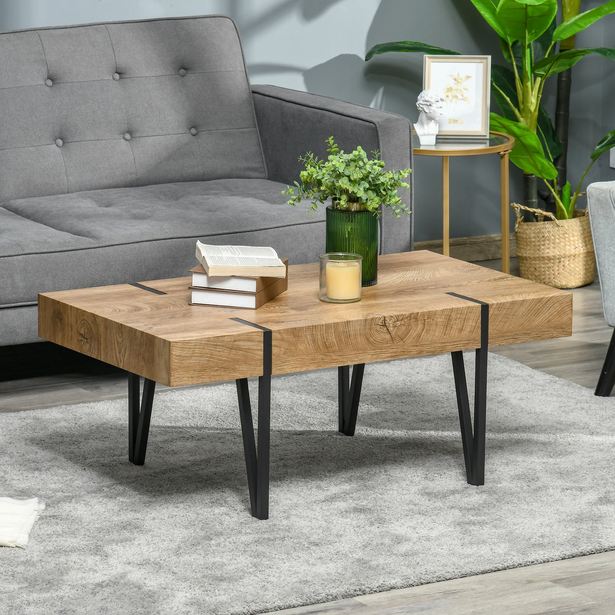 Clayton Rustic Coffee Table with Steel Hairpin Legs-Natural Wood