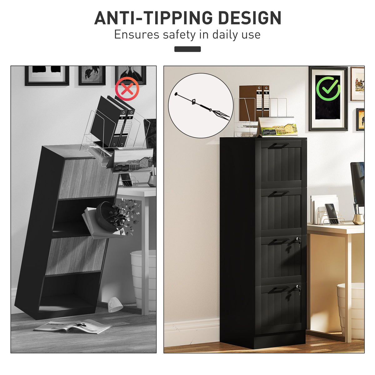2 Drawer Filing Cabinet with Lock, Office Storage Cabinet with Adjustable Hanging Bars for A4 Letter Size Files, Black