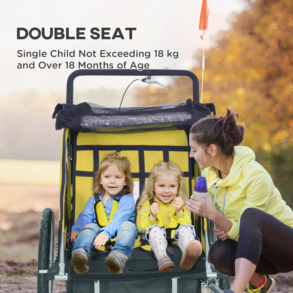 2-in-1 Bike Trailer for Kids, Foldable 2-Seat Baby Stroller with 5-Point Harness, Rubber Wheels, Storage Bag, Black