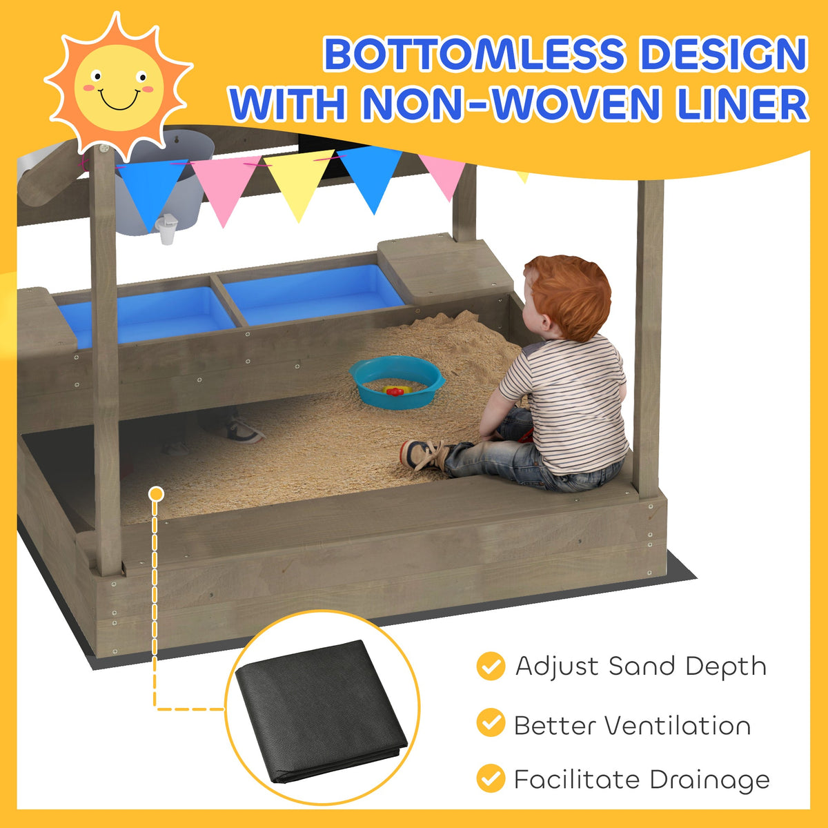 Outdoor Wooden Sandbox with Cover for 3-7 Years Old, Backyard, Brown