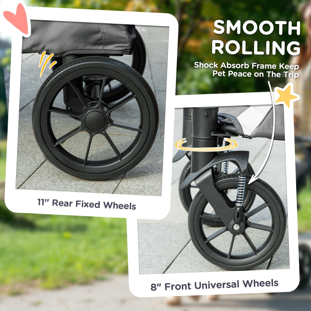 Foldable Pet Stroller for Medium Dogs with Four Big Wheels, Shock-Absorbing Frame, Safety Leashes, Brakes, Black