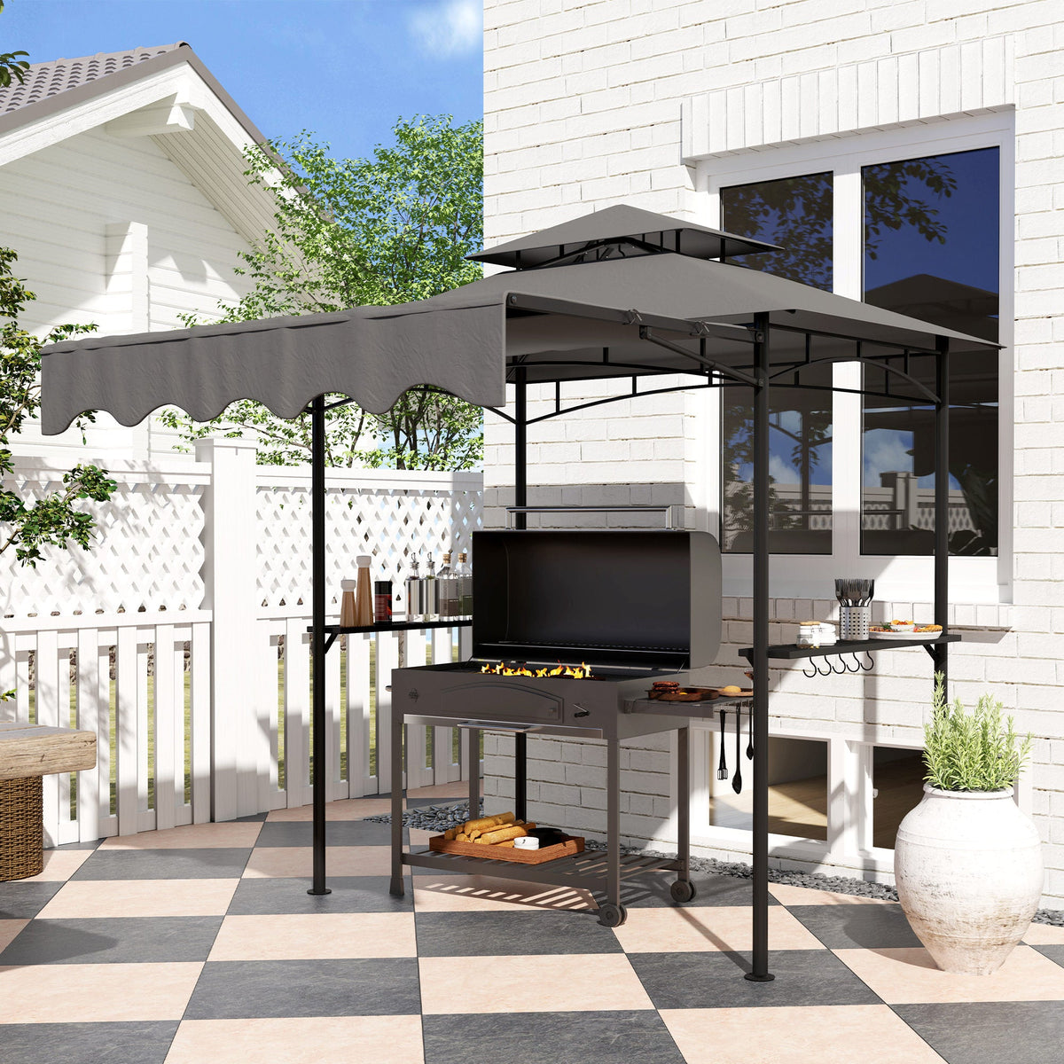 8' x 7.6' Grill Gazebo, Double Tiered Barbecue Grill Gazebo Shelter w/ Side Awning, 2 Side Shelves, 6 Hooks, Beige