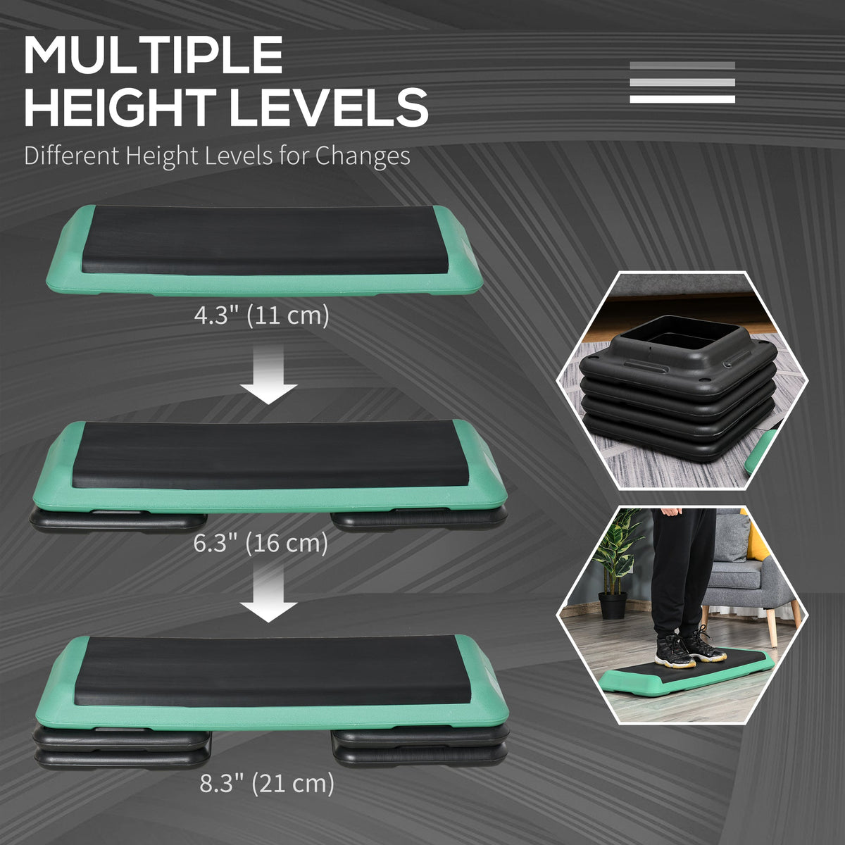43" Adjustable Aerobic Platform Stepper 3 Level with Risers 4” 6” 8” Cardio Fitness Trainer Workout Step Home Gym Exercise, Black Green