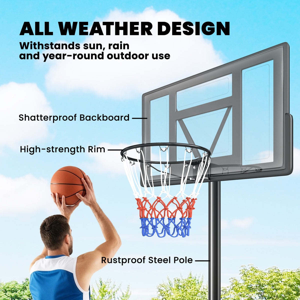 Basketball Hoop Stand Outdoor, 4.4–10 ft Single Hand Rotation Adjustable with Shatterproof Backboard & Weight Bag