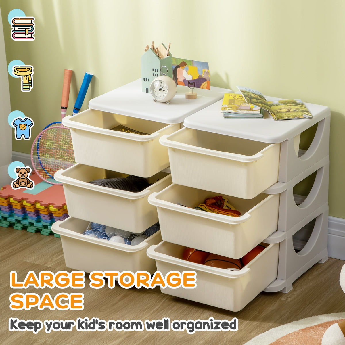3 Tier Kids Toy Organizer and Storage Bins with 6 Plastic Drawers, Blue