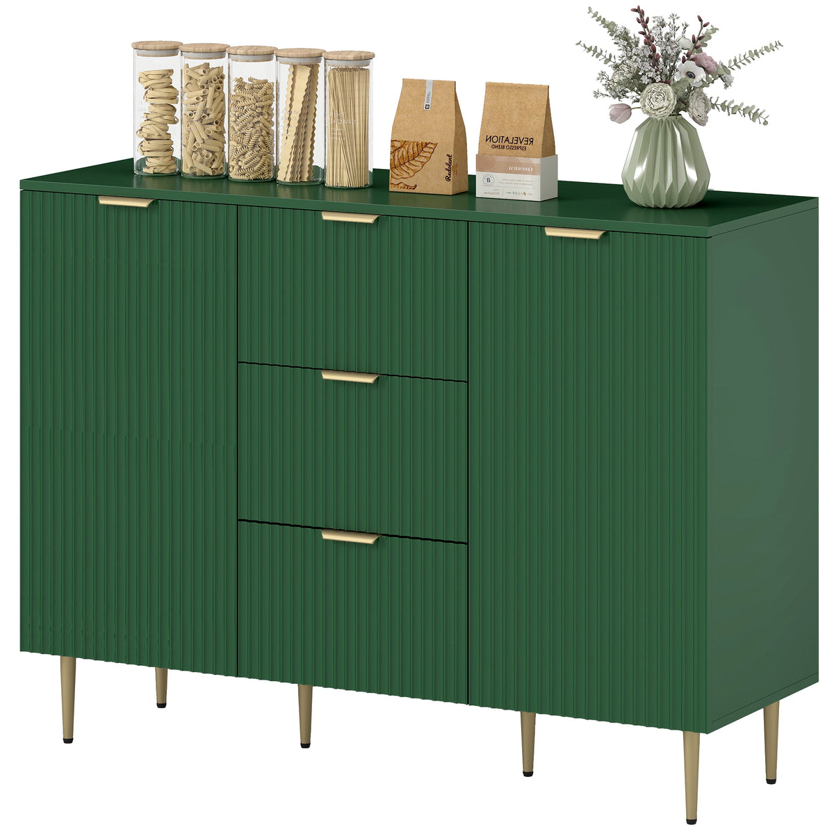 Modern Kitchen Storage Cabinet, Sideboard Buffet Cabinet w/ 3 Drawers and Adjustable Shelves for Kitchen Hallway, Black