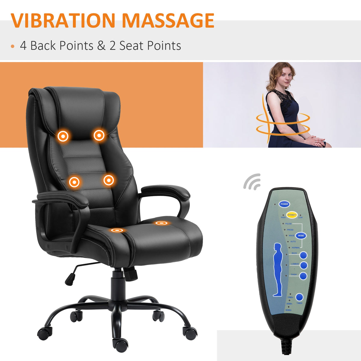 Massage Office Chair, High Back Executive Office Chair with 6-Point Vibration, Timer, Adjustable Height, Swivel Seat and Rocking Function, Black