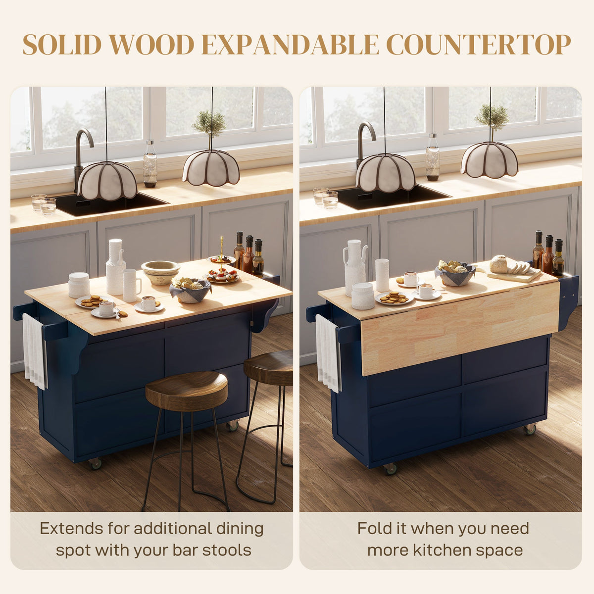 Kitchen Island with Storage, Rolling Kitchen Island with Drop Leaf, Rubber Wood Top and Adjustable Shelves, Navy Blue