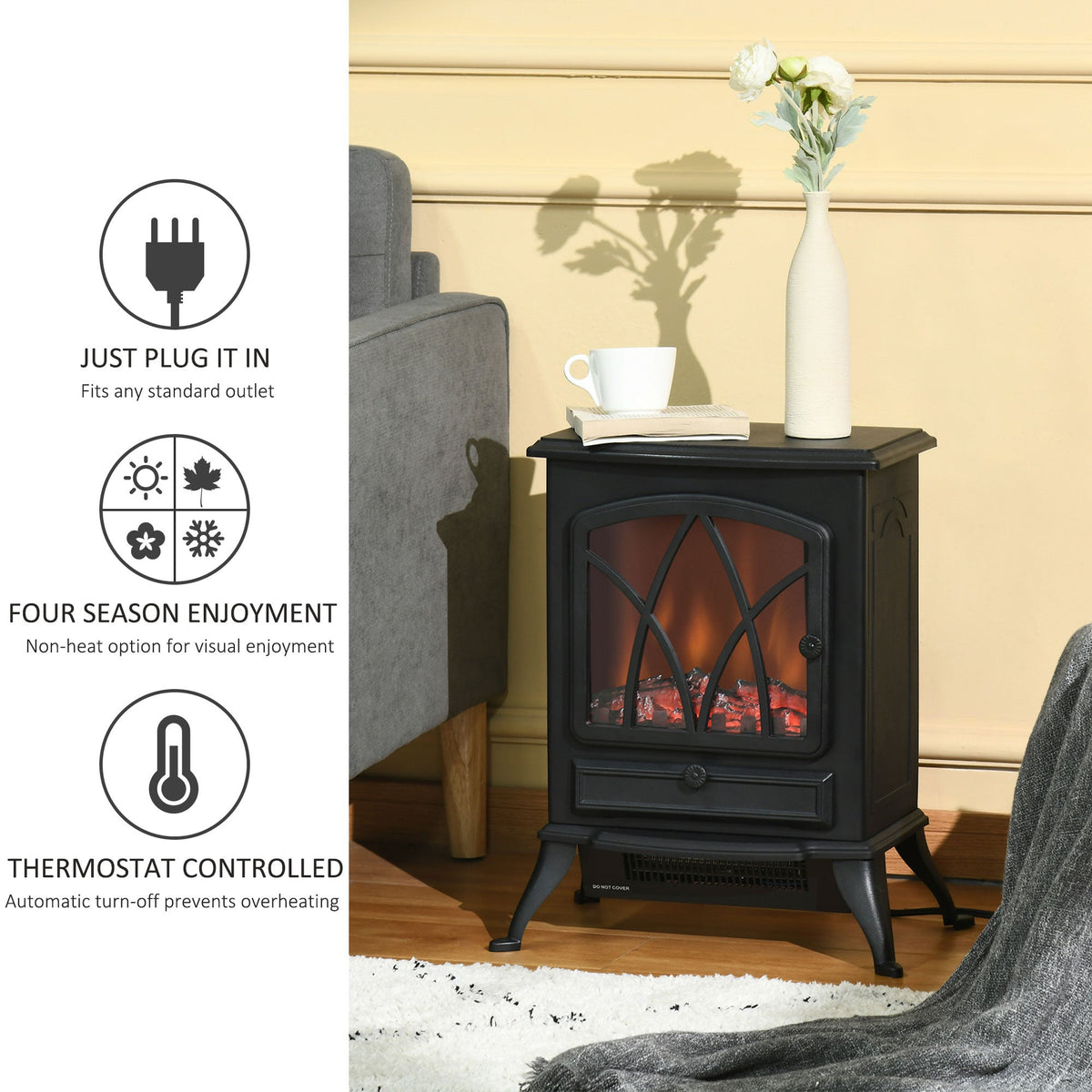 Free Stand Electric Fireplace Stove Heater with Adjustable LED Flame Effect and Front Door, 750W/1500W, Black