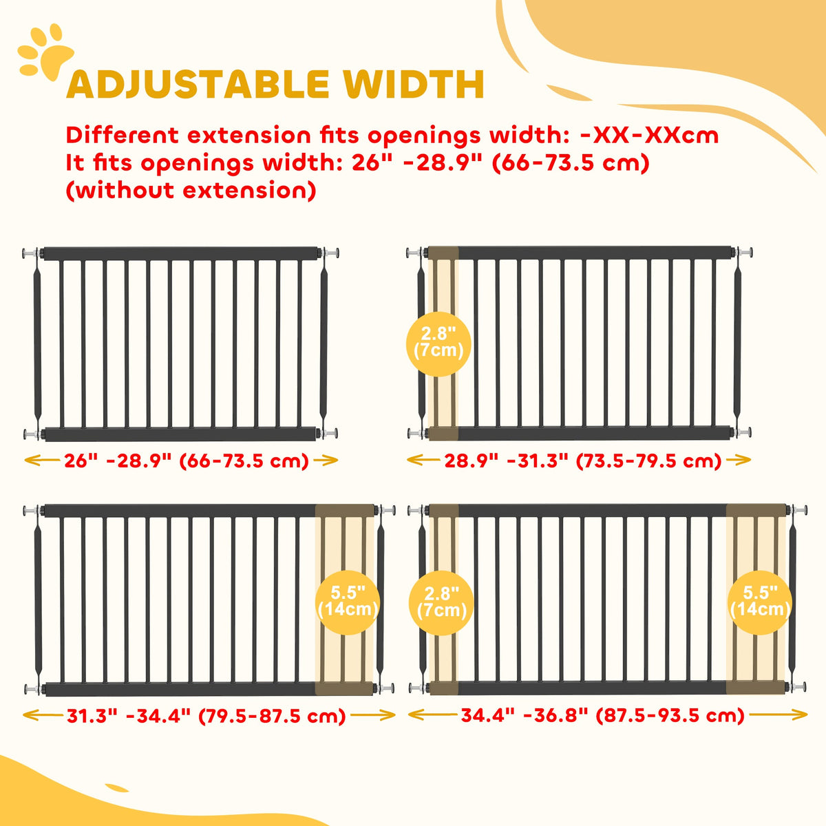 26"-37" Dog Gate, Adjustable Pet Gate, Fits 10" Tall with 2 Extension, Pressure Mount Kit for Stairs and Doorways, Black