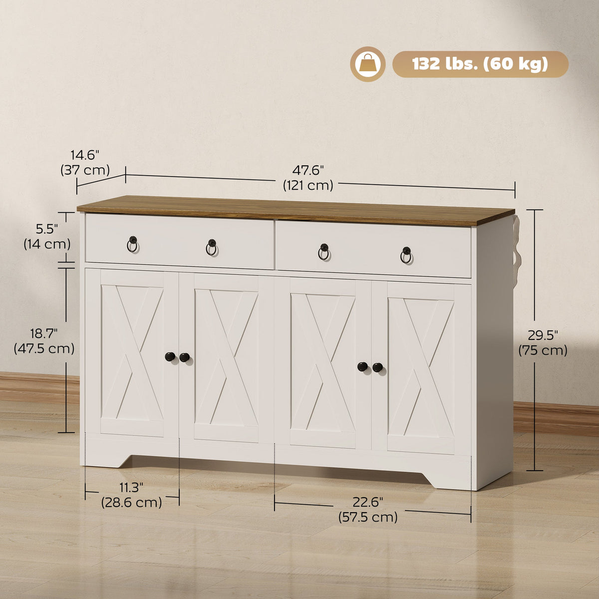 Sideboard Cabinet with 2 Drawers, 4 Barn Doors and 2 Adjustable Shelves, Buffet Table for Living Room, Black