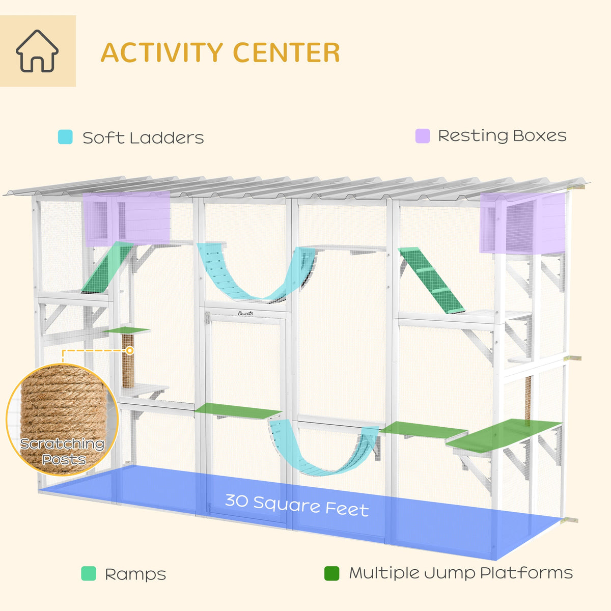 Large Outdoor Catio with Condos, Platforms, Doors, Ladders, Weather-Resistant Roof, Grey