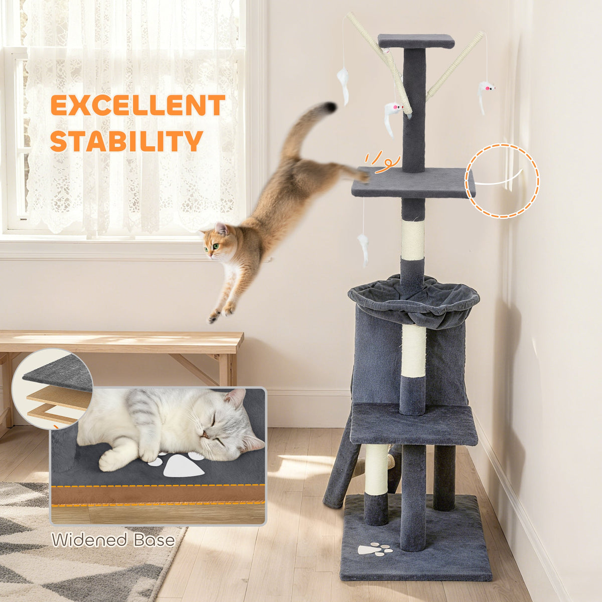53" Cat Tree Tower, Kitten Activity Centre with Scratching Posts, Condo, Perches, Ladder, Hammock, Dangling Toys, Grey