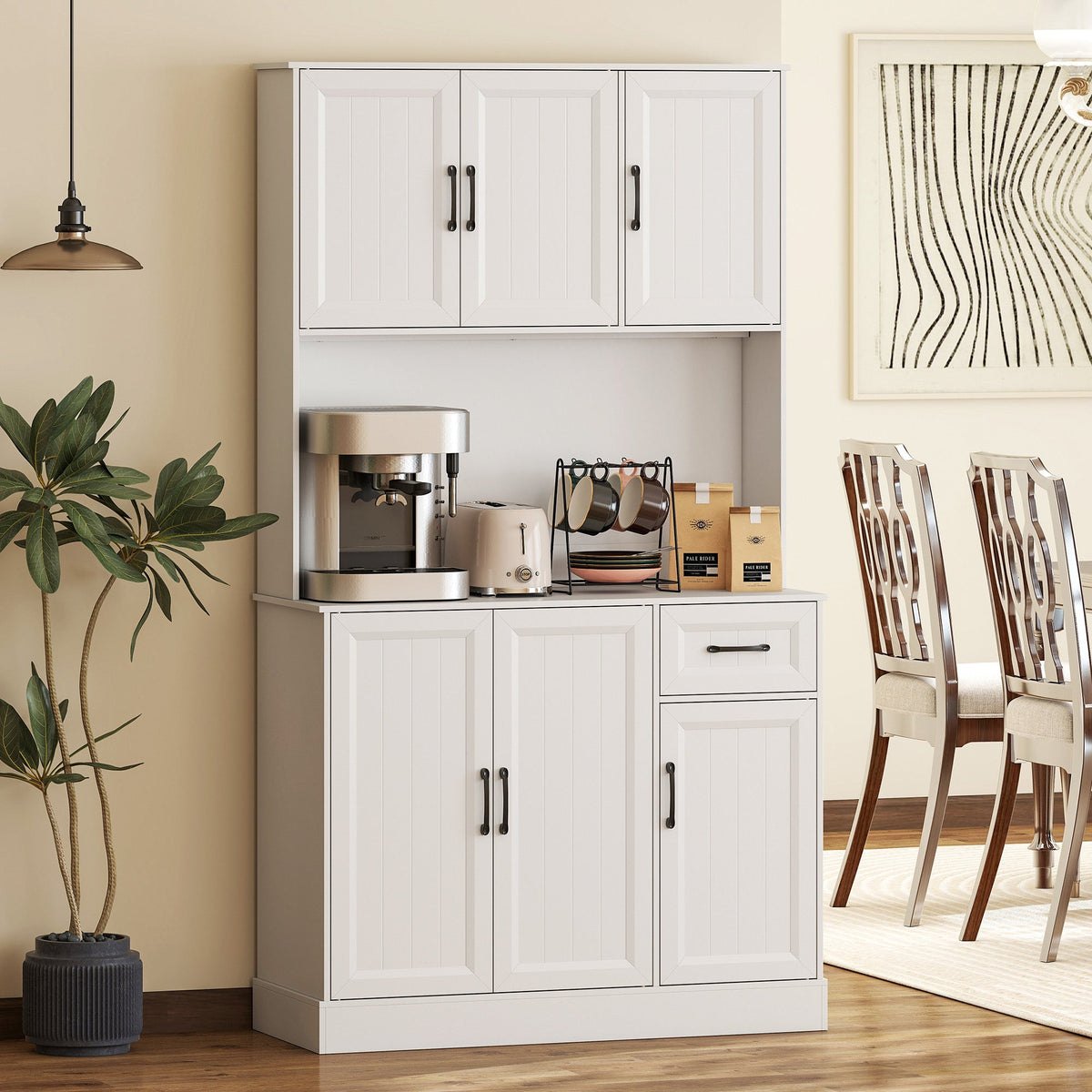 71" Pantry Cabinet with Charging Station, Kitchen Storage Cabinet with Microwave Stand, Adjustable Shelves, Black