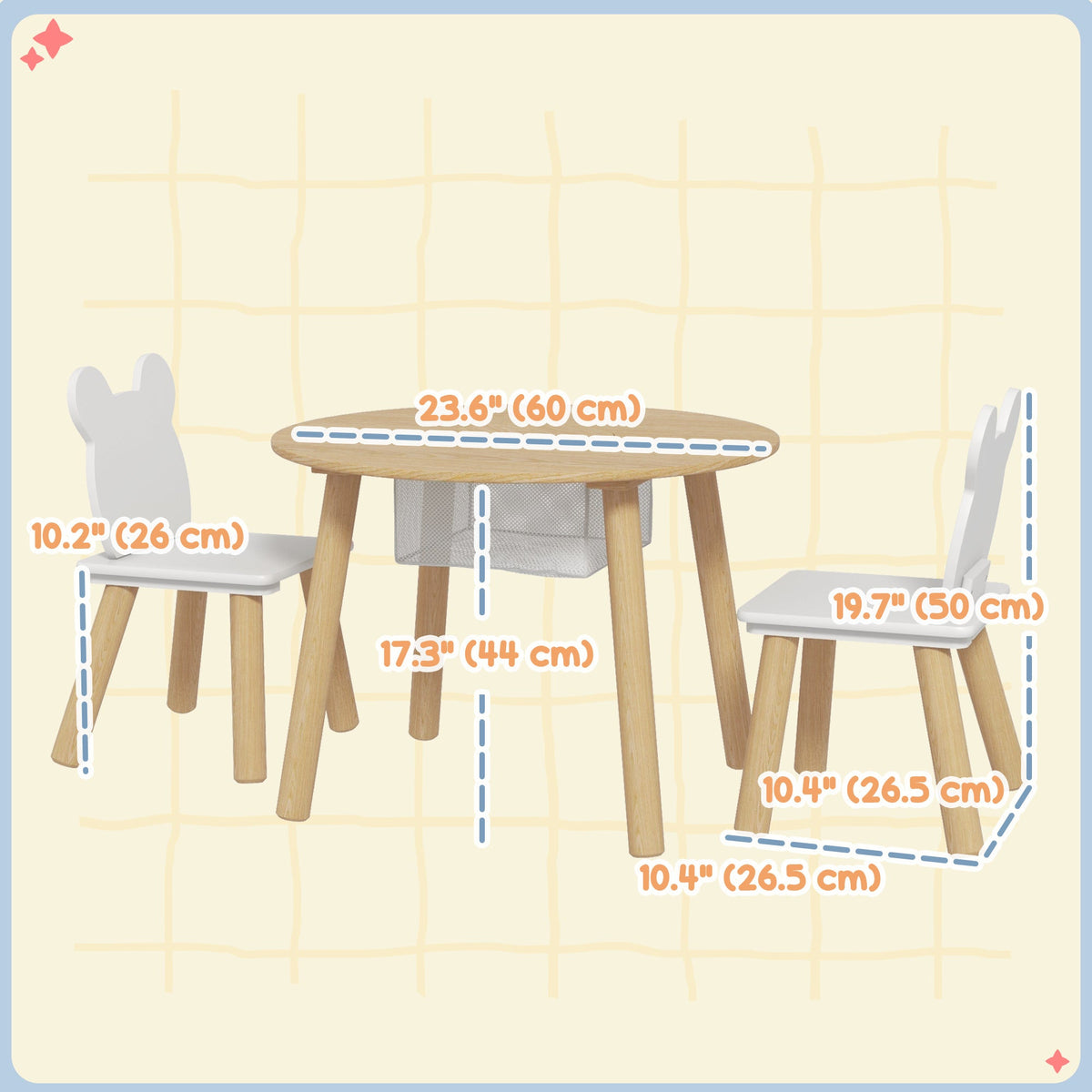 3 Pieces Kids Table and Chair Set, Activity Table and Chair Set with Bear-Shaped Chairs, Mesh Bag