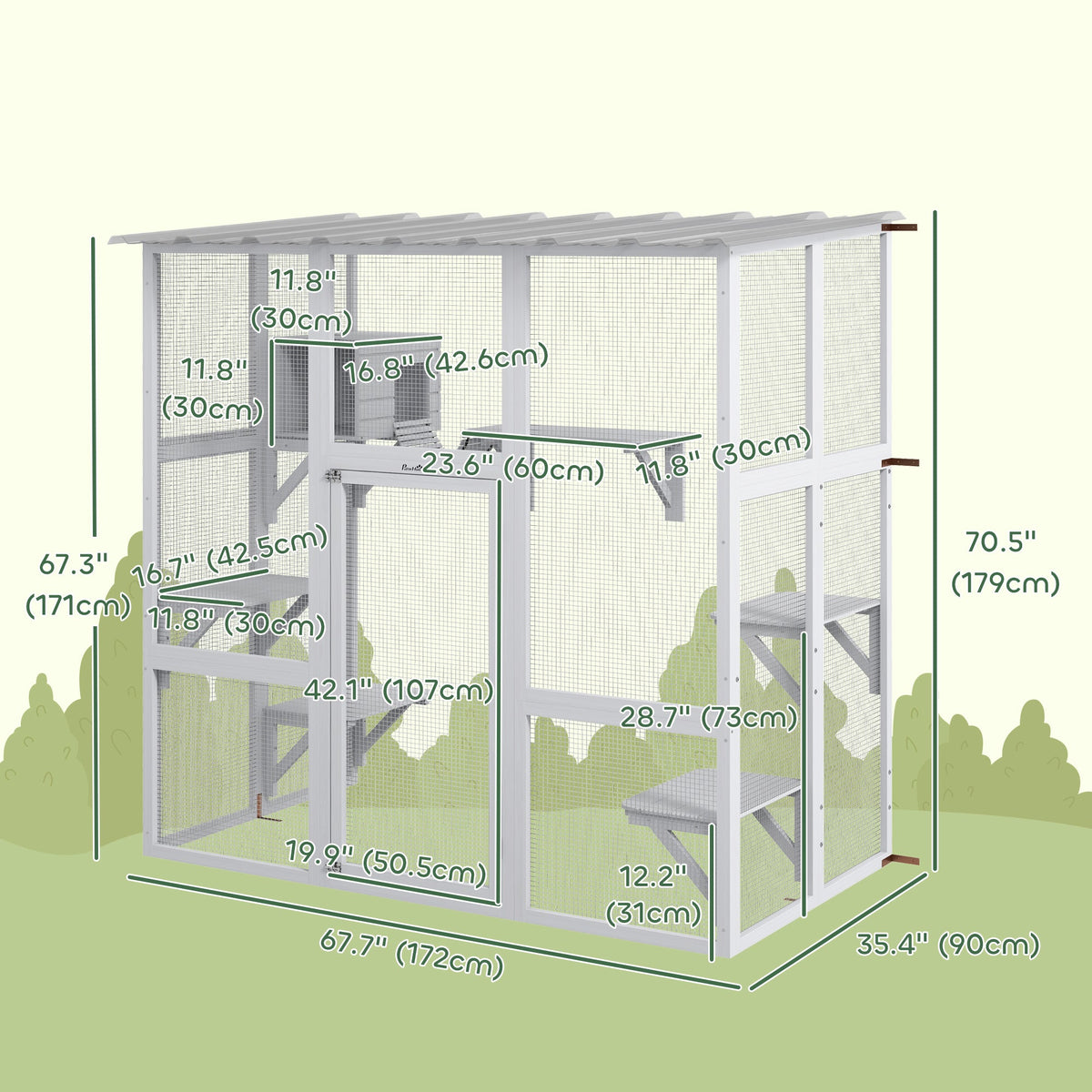 Large Outdoor Catio with Weatherproof Roof, Bridge, Resting Box, Platforms, Grey