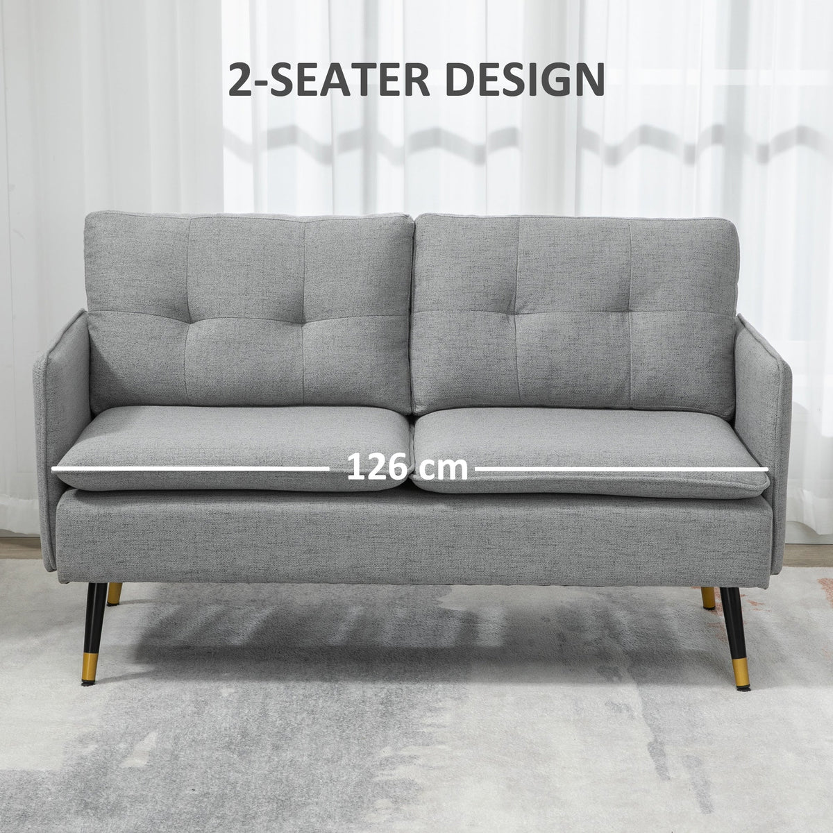55" Loveseat Sofa, Linen Love Seat w/ S spring, Steel Legs and Button Tufting, Small Couch for Living Room, Dark Grey
