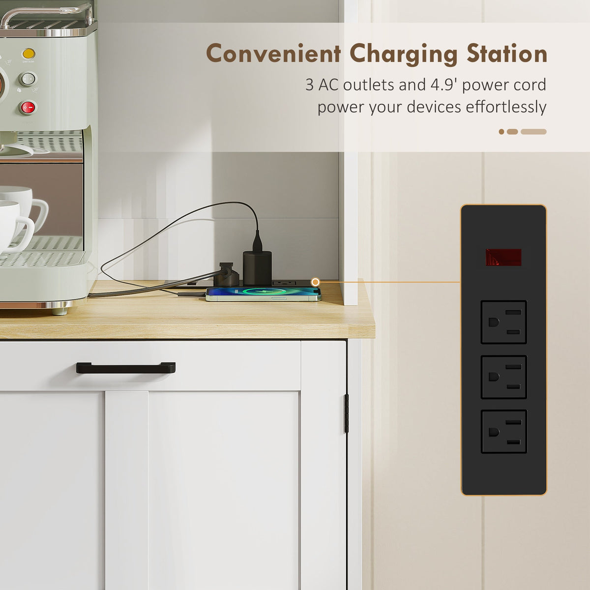 Kitchen Pantry Cabinet with Charging Station, 7 Gallon Trash Can Cabinet, Adjustable Shelves and Acrylic Doors, Black