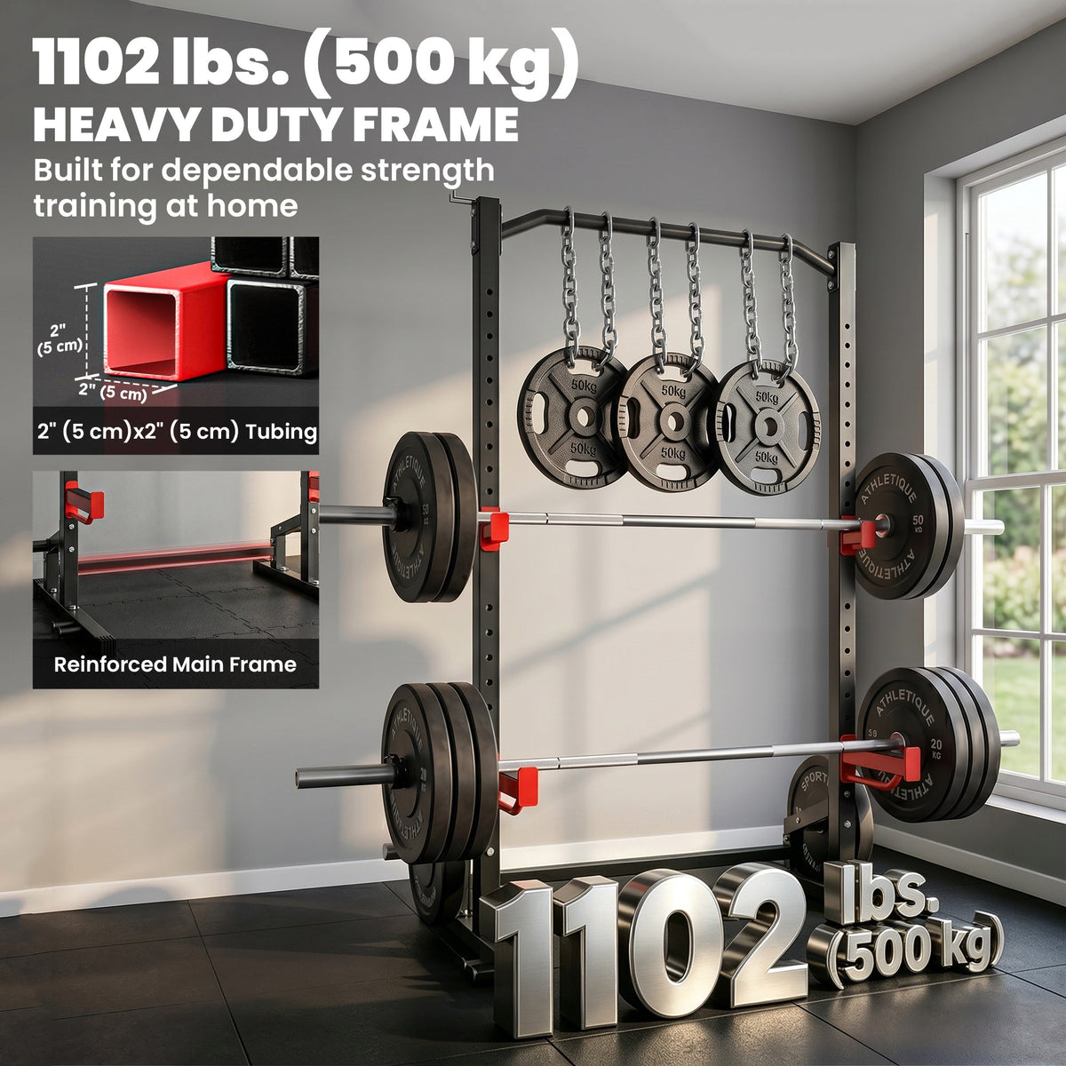 Power Cage Squat Rack, 1100LB Heavy-Duty Power Rack with Pull-Up Bar, Adjustable J-Hooks, Plates and Barbell Storage