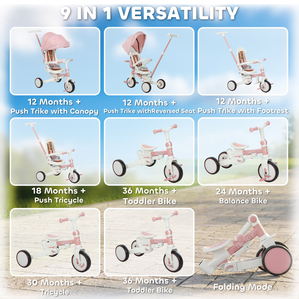 7 in 1 Toddler Tricycle with Safety Harness, Adjustable & Removable Parent Handle, Canopy, Storage Bag, Brake, Pink