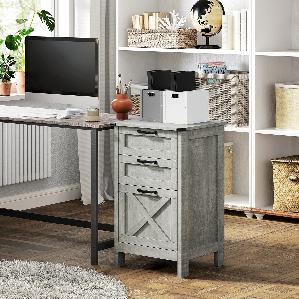 Vertical Filing Cabinet with 3 Drawers, Rustic Farmhouse Office Storage Cabinet for A4, Letter Size, Grey Wash
