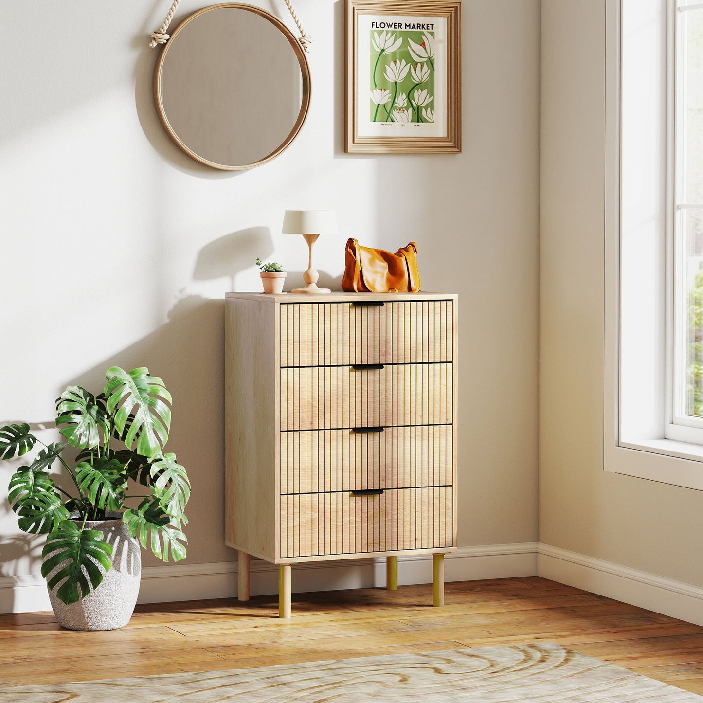 Jesse Chest of Drawers with Fluted Panels and Solid Wood Legs-Oak