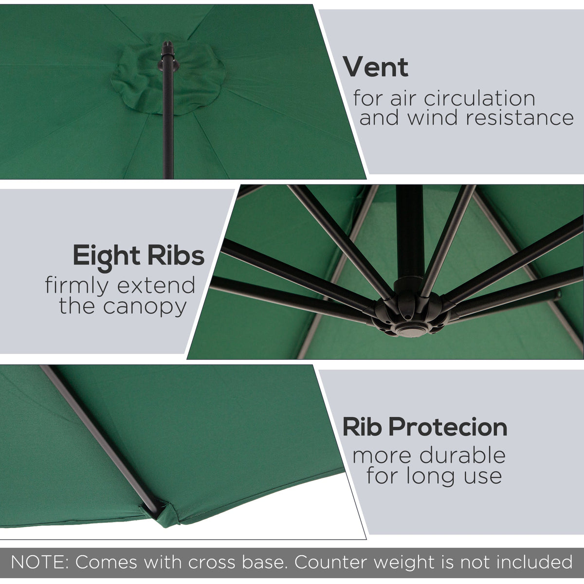 9.7ft Offset Patio UmbrellaCantilever Parasol with Crank Handle, 8 Ribs and Cross Base for Outdoor, Sun Shade, Black