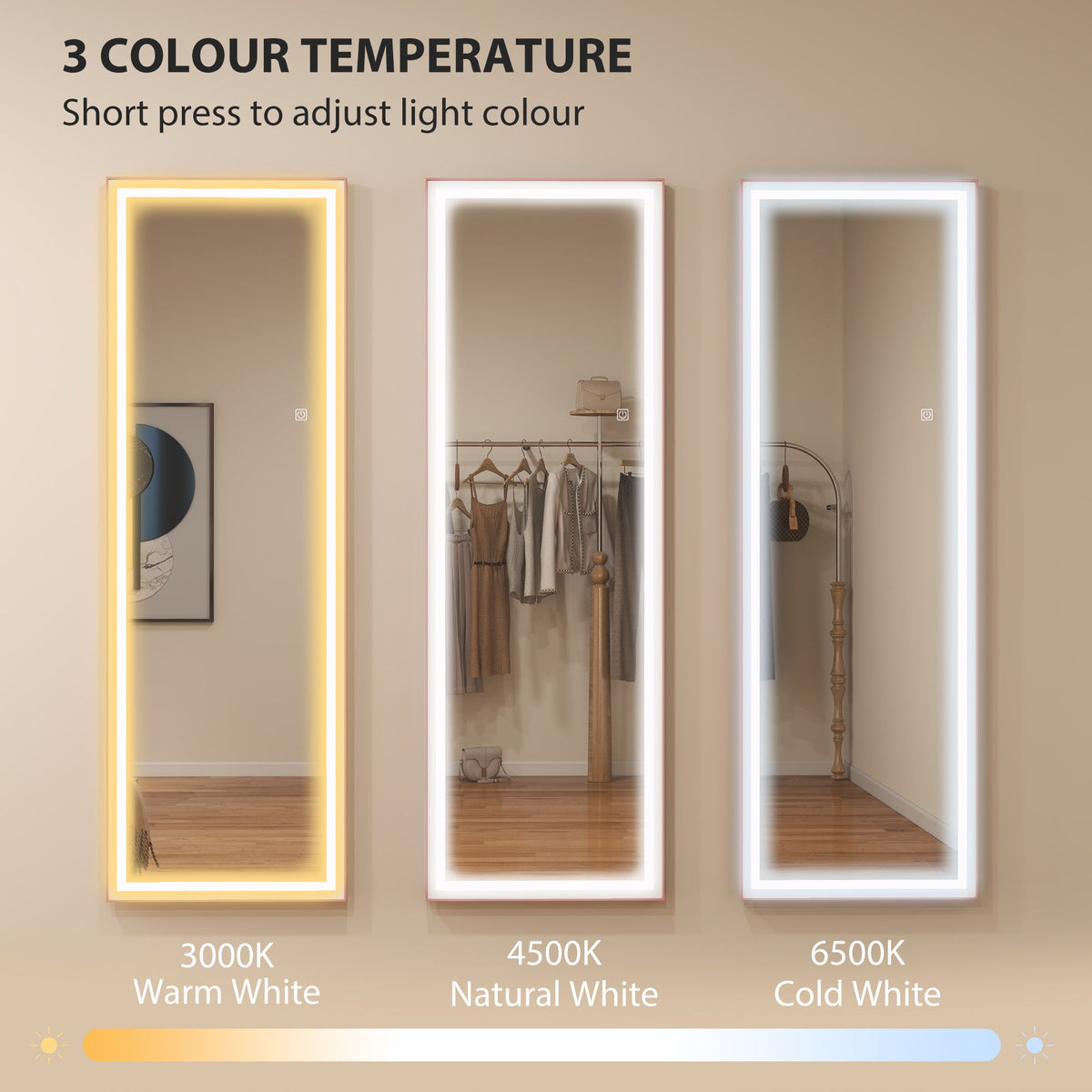 LED Mirror with Dimmable and 3 Colour Lights, 64" x 21" Rectangular Floor Mirror for Bedroom Living Room, Gold