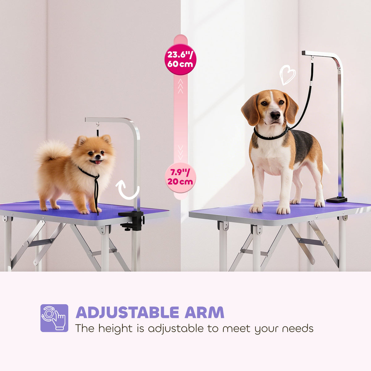 Foldable Pet Grooming Table for Dogs Cats with Adjustable Arm, Non-slip Surface, Black