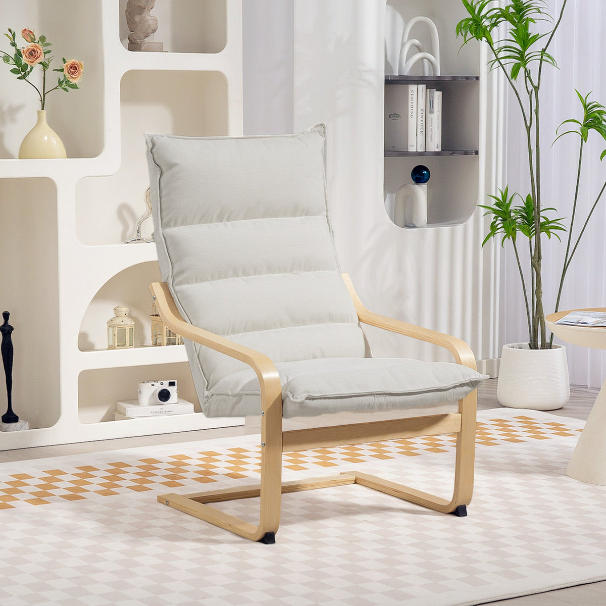 Birch Wood Fabric Modern Armchair, Accent Chair with Curved Leg and Arm for Living Room, Cream White