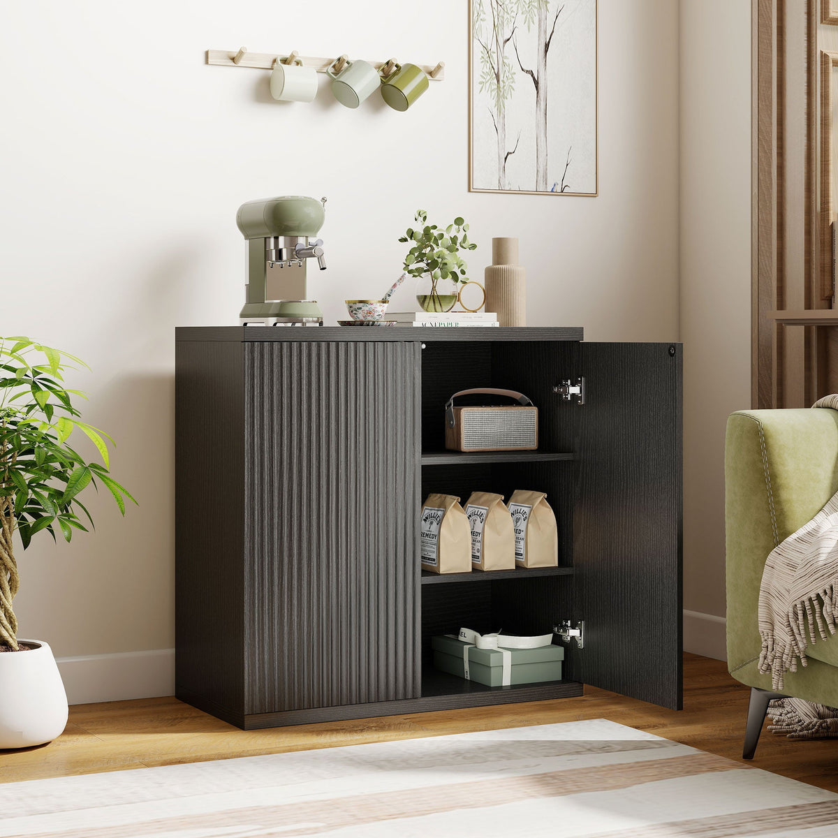 Sideboard Buffet Cabinet, 30.7" Kitchen Cabinet with Soft-Close Door and Adjustable Shelves, Distressed Black Grey