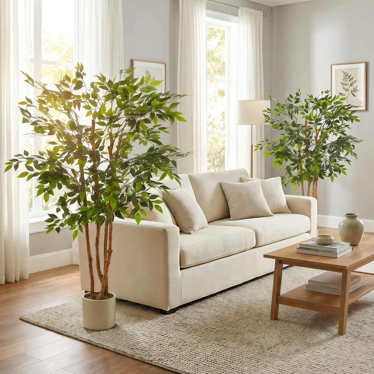 4FT Artificial Banyan Tree Set of 2, Fake Potted Tree with Solid Wood Trunk and Pot for Indoor