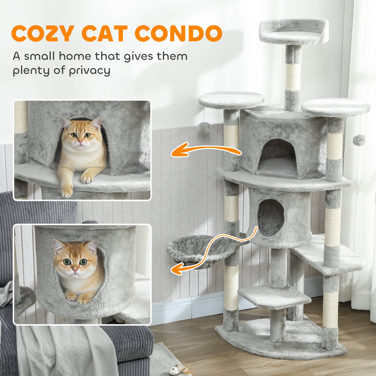 62" Cat Tree with Scratching Post, 2 Condos, Hammock, Perches, Plush, Pompoms, for Indoor Cats, Beige