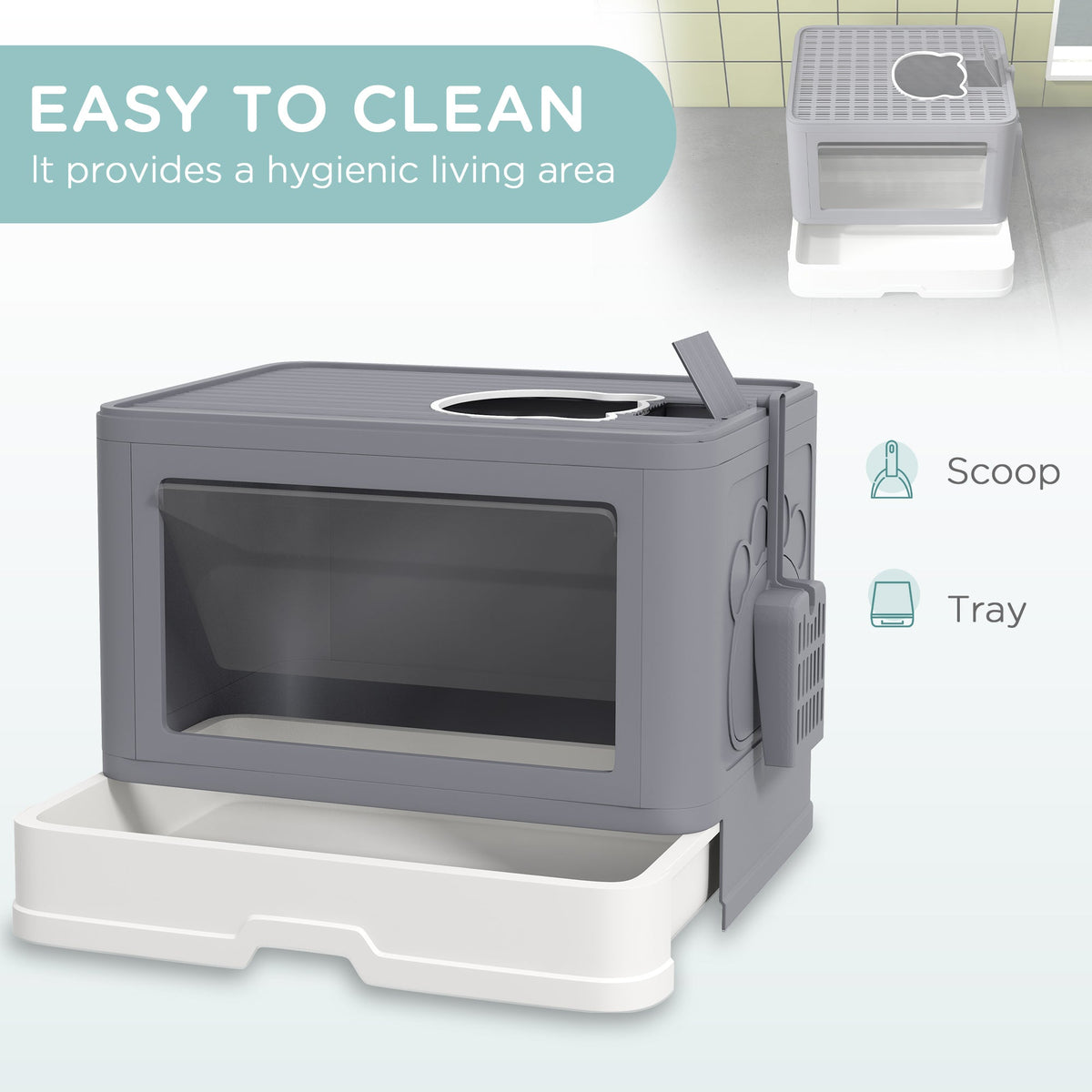 Cat Litter Box, Front Enter & Top Exit Cat Litter Tray with Scoop, Pull-out Tray, Easy to Clean, Green