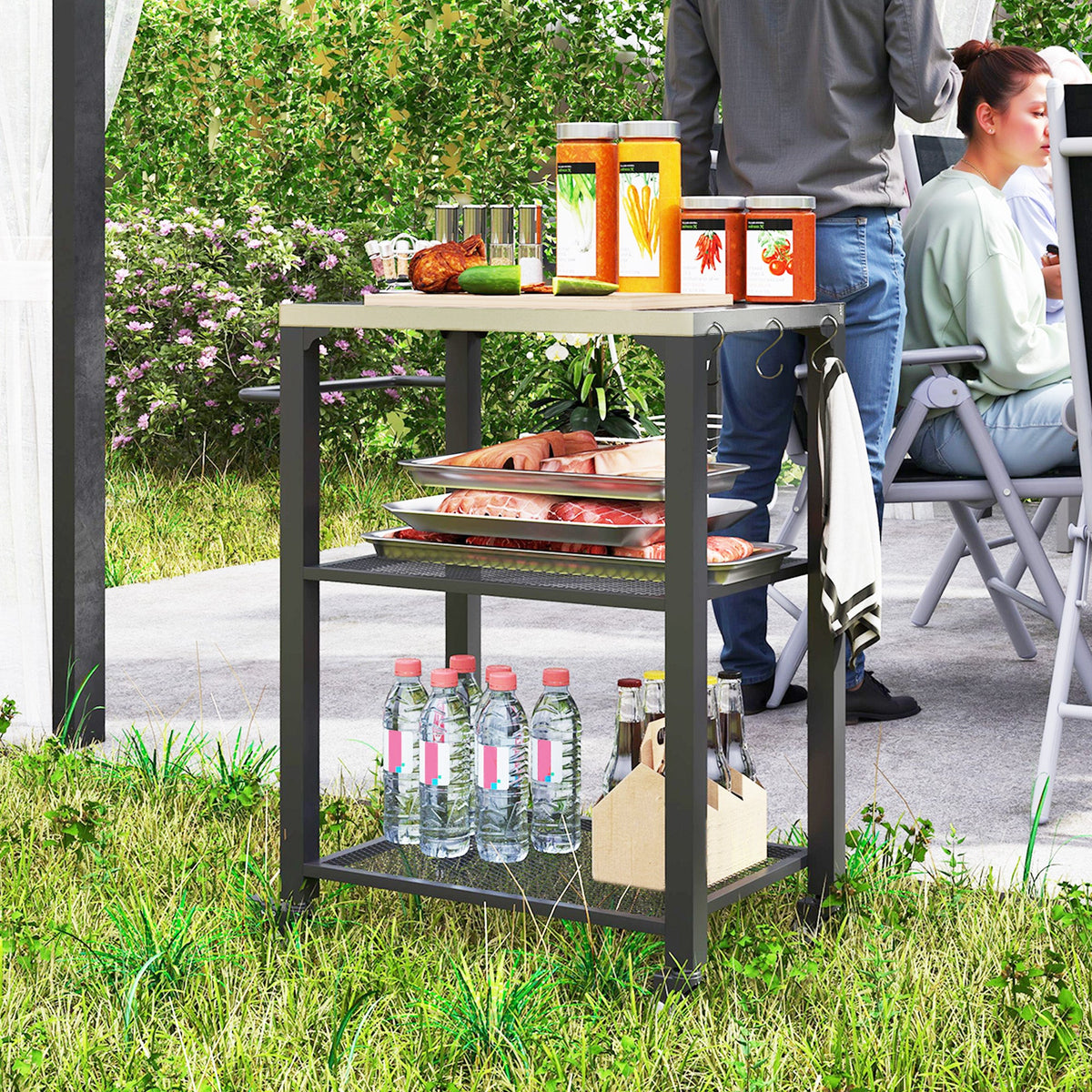 3-Shelf Outdoor Grill Cart Table with Side Handle, Stainless Steel Pizza Oven Stand on Wheels, Black
