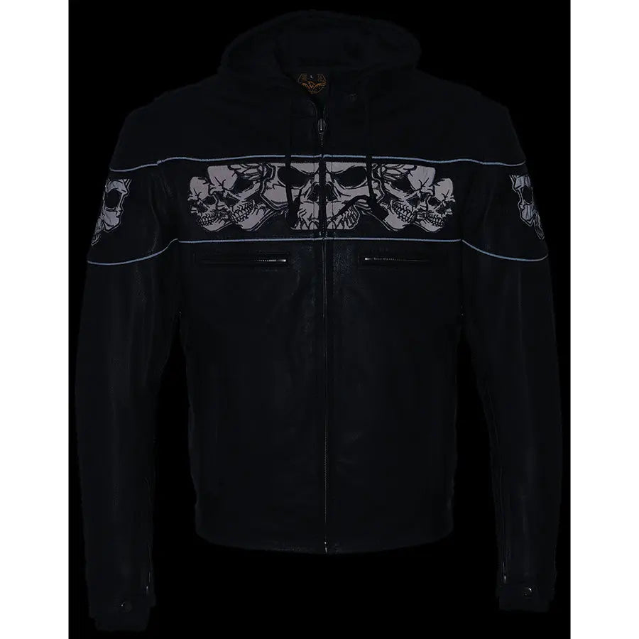 Milwaukee Leather Men's Crossover Scooter Jacket w/ Reflective Skulls & Full Sleeve Removable Hoodie