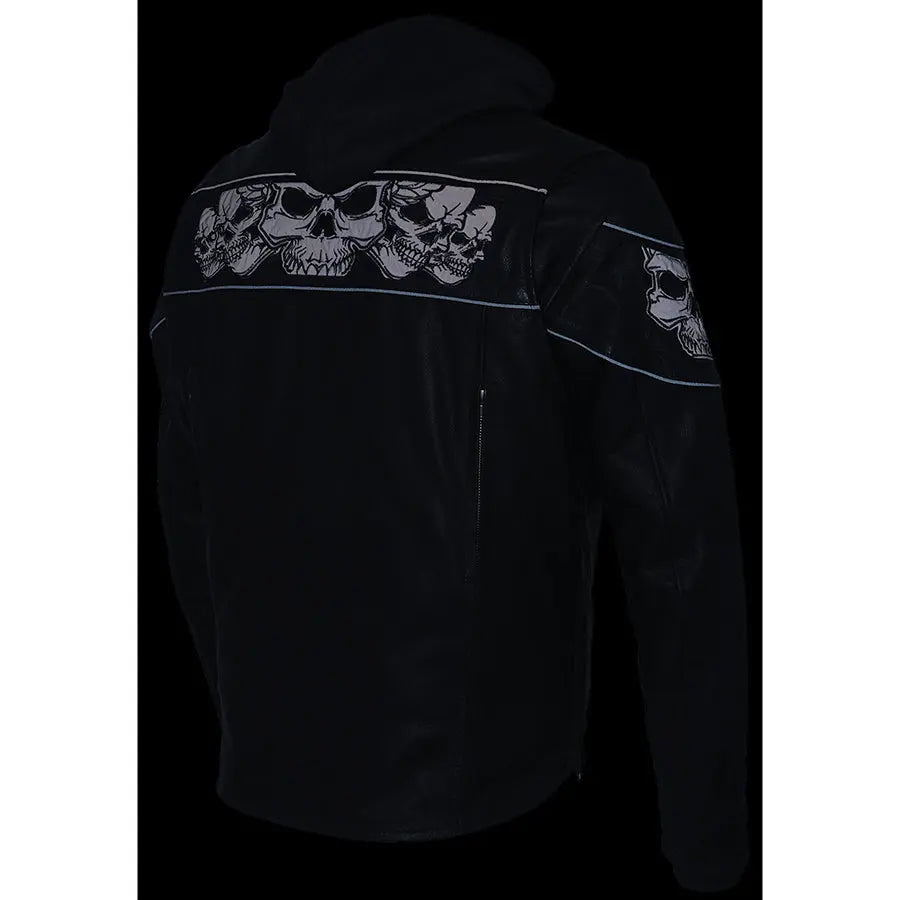 Milwaukee Leather Men's Crossover Scooter Jacket w/ Reflective Skulls & Full Sleeve Removable Hoodie