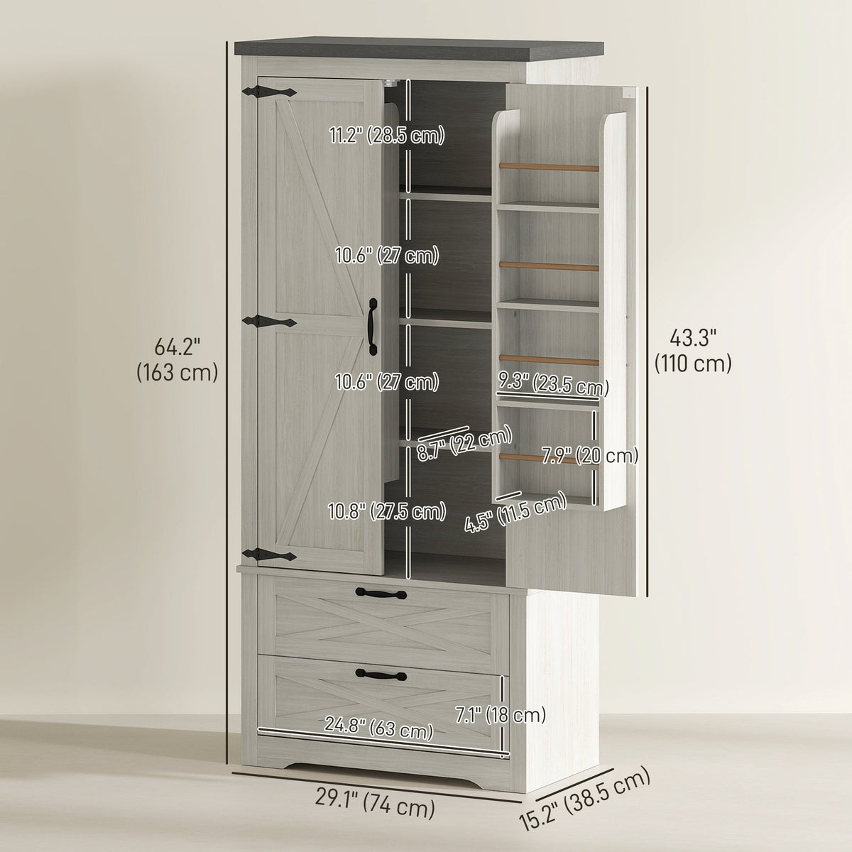 Farmhouse Kitchen Pantry Storage Cabinet, 64" Freestanding Kitchen Pantry Cabinet with Drawers, Distressed Black