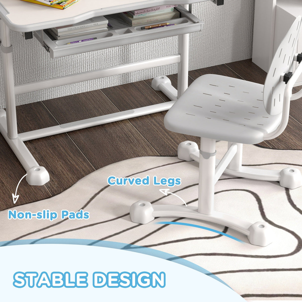 Height Adjustable Kids Desk and Chair Set with Tilt Desktop, Large Writing Board, Storage Drawer, Book Stand, Grey