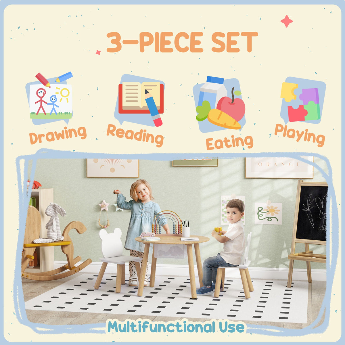 3 Pieces Kids Table and Chair Set, Activity Table and Chair Set with Bear-Shaped Chairs, Mesh Bag