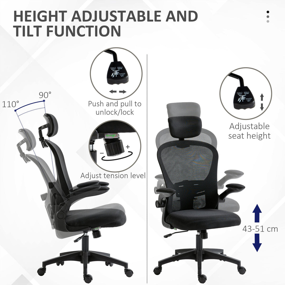 Office Chair, Mesh Computer Desk Chair with Adjustable Headrest, 4D Lumbar Support, Flip-up Arm, Grey