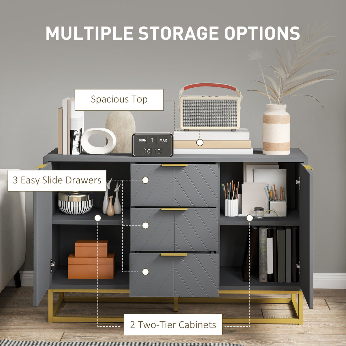 47" Storage Cabinet with Doors, Adjustable Shelves, 3 Drawers, Metal Legs for Kitchen Storage, Home Use, White