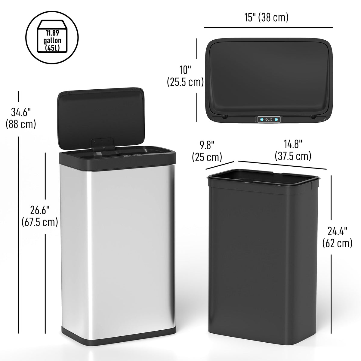 12 Gallon (45 L) Sensor Can, Automatic Garbage Can with Soft-Close Lid, Fingerprint-Proof Stainless Steel, Matte Black