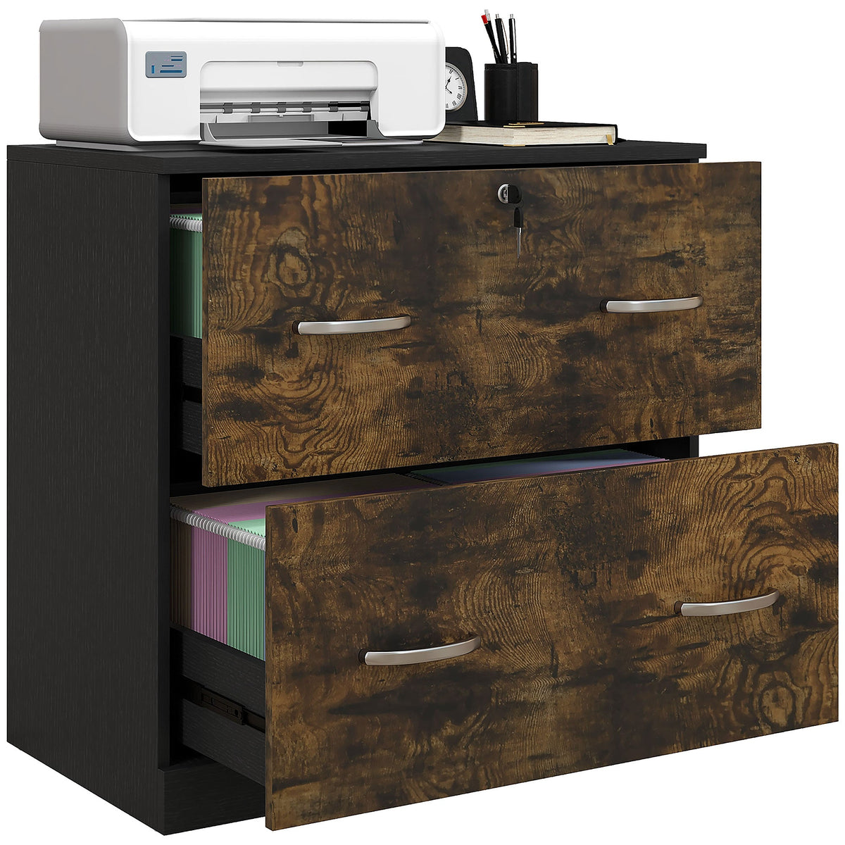 2 Drawer File Cabinet with Lock, Office Filing Cabinet, Hanging Bar for Letter Size, Home Office, Grey