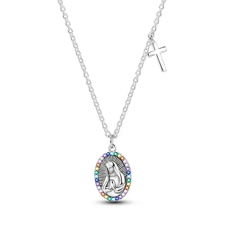 Figural Sterling Silver Oval Pendant Necklace With Cruciform Charm