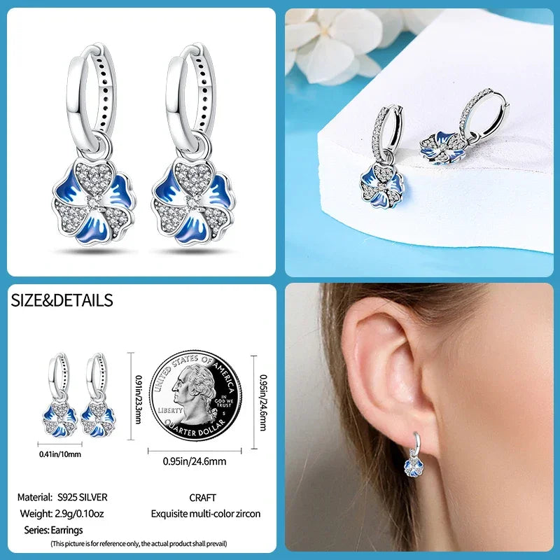 Elegant Blue Flower Charm Sterling Silver Hoop Earrings