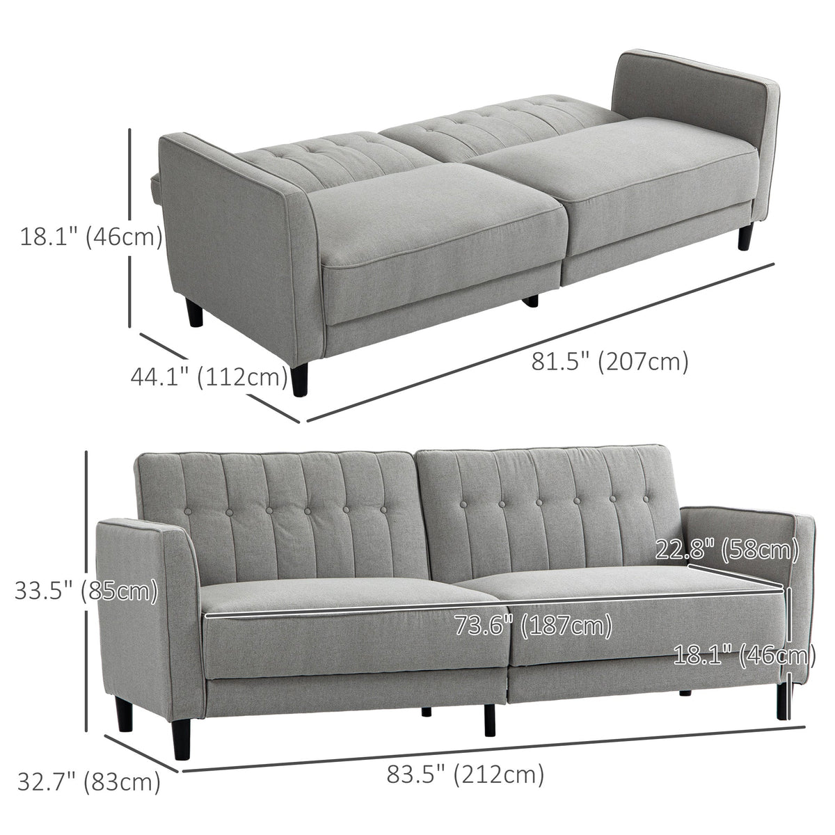 Convertible Bed with Couch, Button Tufted Fabric Sofa Bed with Adjustable Back for Living Room, Charcoal Grey