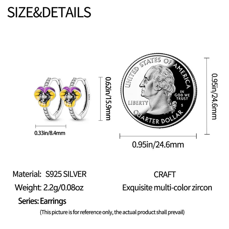 Elegant Pansy Flower Sterling Silver Hoop Earrings With Cubic Zirconia