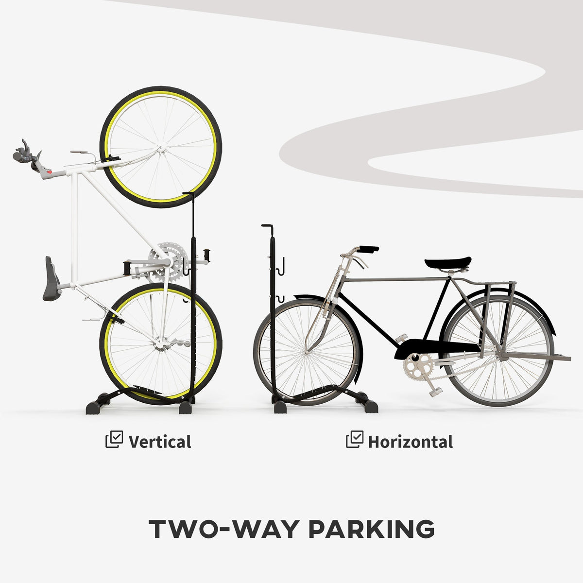Vertical & Horizontal Bike Rack Bicycle Storage Stand with Adjustable Hooks, Fits 6"-28" and 700c Bikes